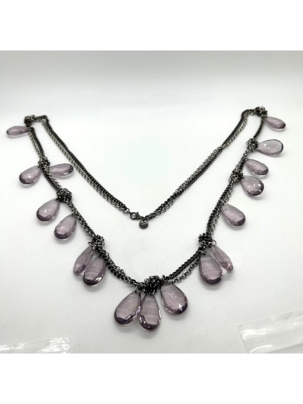 LOFT Double Strand Necklace Purple Facets Teardrop Silver-Tone Chain 35"
